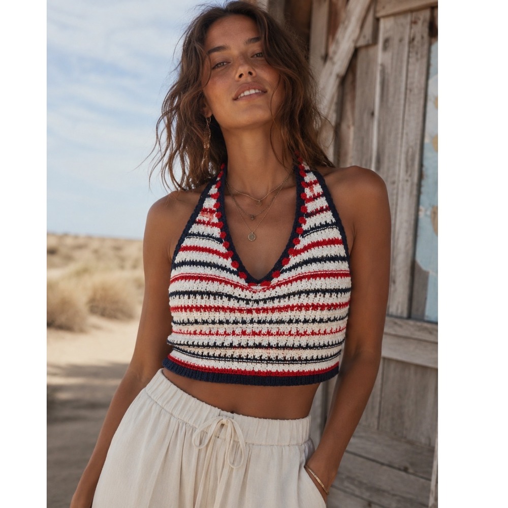 Moon & Madison Crochet Halter Top Red White Blue Striped Knit Large Patriotic